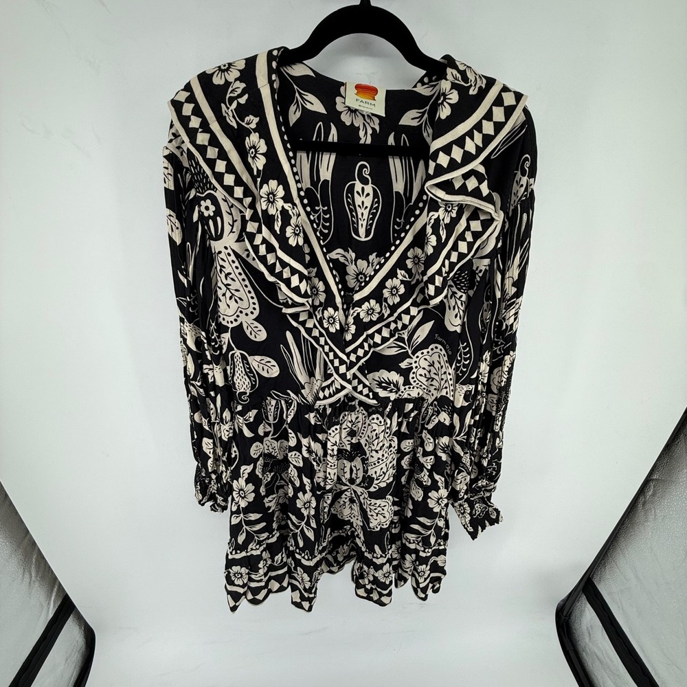 Farm Rio Mini Dress Womens Medium Black White Floral Ruffle V-Neck Boho Tropical